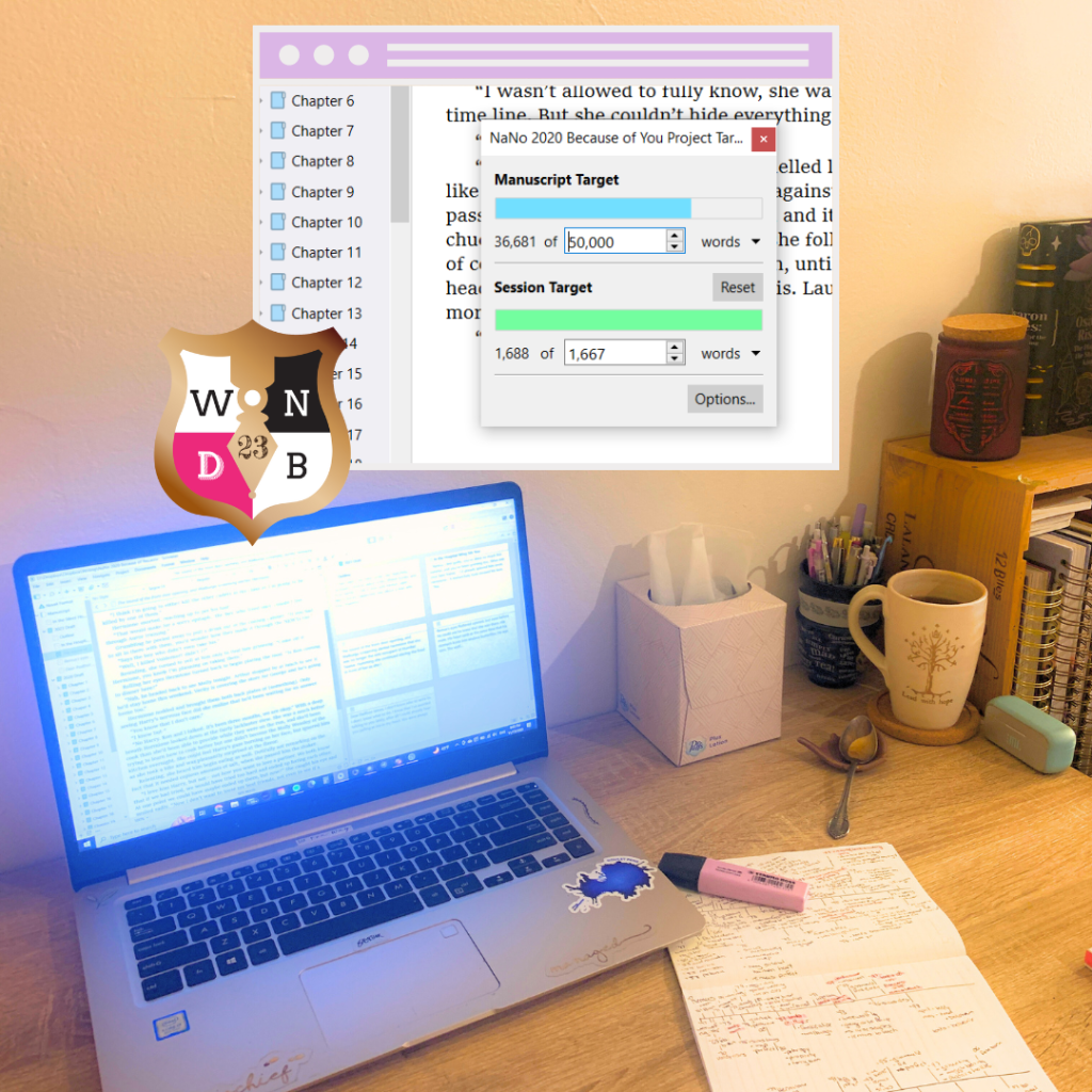 A laptop with notes next to it with an image hovering over that shows the words written in this project and today in scrivener, along with the Bronze Pen badge from the Mighty Pens.